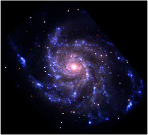 UVOT false-color image of the pinwheel galaxy M101, generated with the near-UV,  the blue, and yellow filters.